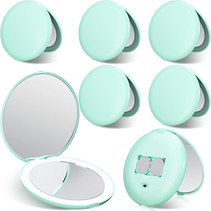6 Pcs LED Lighted Compact Mirror, 1x/2x Magnification Makeup Mirror (Cyan Blue)