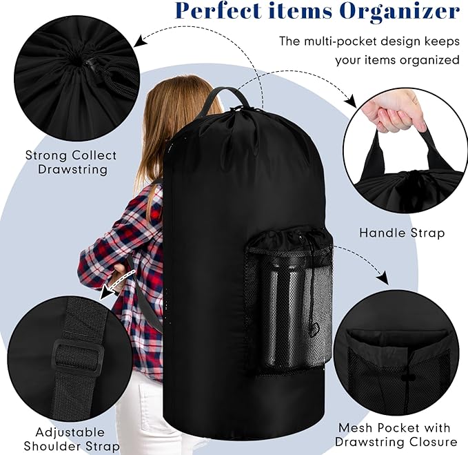 Large Laundry Backpack Bag (Black, Set of 3)