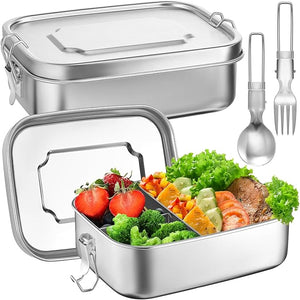 2 Pcs Stainless Steel Lunch Box, Food Container with Foldable Spoon Fork (40oz/1200 ml)