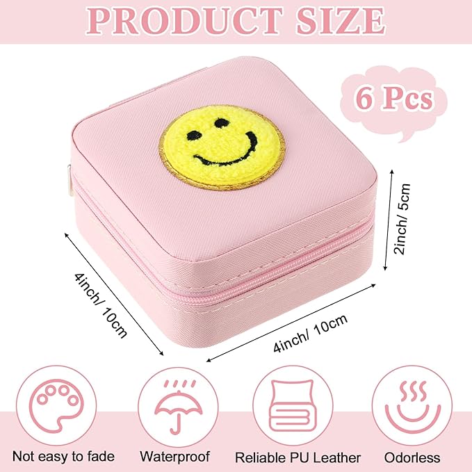 Smiley Design Mini Pink Travel Jewelry Box with Mirror (Set of 6)