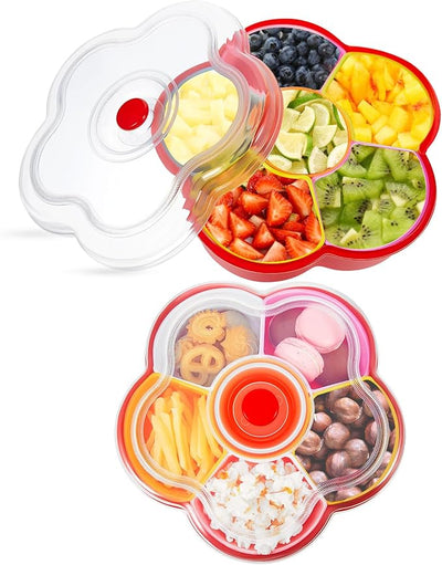 10" Flower Shaped Snack Tray with Lid, Plastic Container (Set of 2)