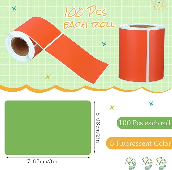 2"x3" Colored Label Sticker (5 Bright Color, Adhesive, Tearable 5 Rolls, Total 500 Pcs)