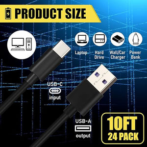 10ft USB-A to USB-C Cable (Set of 24)