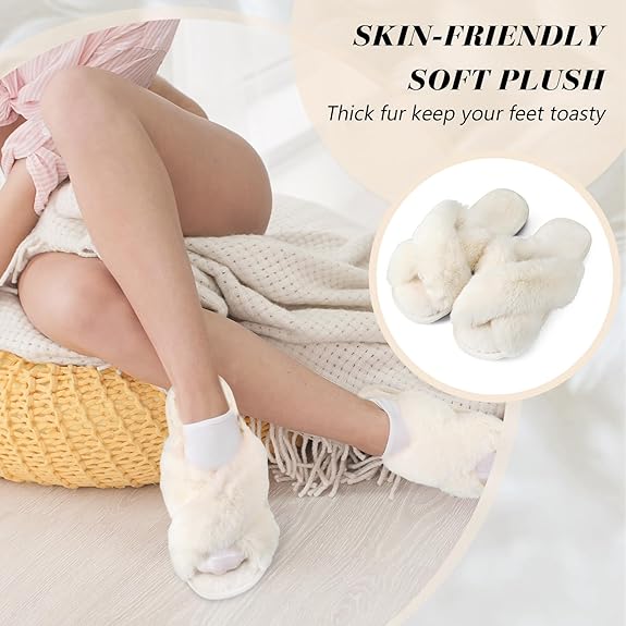 Women's Cross Band Fluffy Open-Toe Slipper (Assorted Color, Pairs of 6)