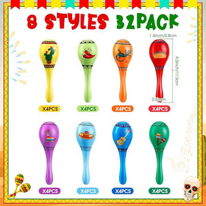Wooden Fiesta Maracas (Assorted Colorful Design, Set of 32)