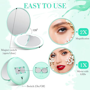 6 Pcs LED Lighted Compact Mirror, 1x/2x Magnification Makeup Mirror (Cyan Blue)