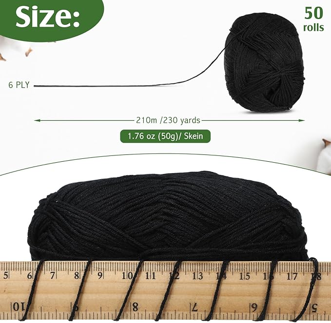 Crochet Knitting Yarn (Black, 50 Rolls)