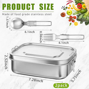 2 Pcs Stainless Steel Lunch Box, Food Container with Foldable Spoon Fork (40oz/1200 ml)