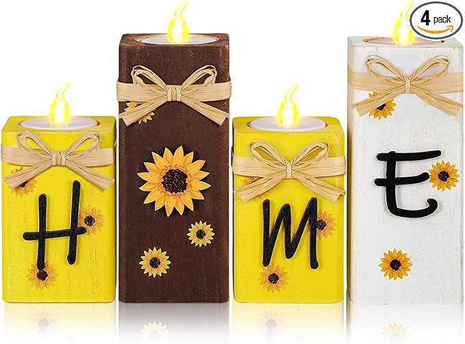 4 Pcs Sunflower "HOME" LED Wood Candle Holder & Tea Light