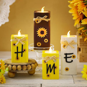 4 Pcs Sunflower "HOME" LED Wood Candle Holder & Tea Light