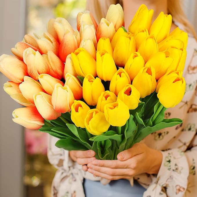 96-Pcs Real Touch Artificial Tulip Flower (Yellow & Orange Gradient)