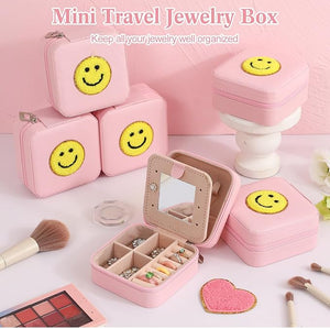 Smiley Design Mini Pink Travel Jewelry Box with Mirror (Set of 6)