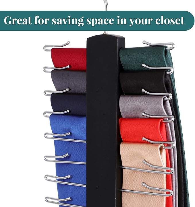 Wooden Tie Rack, Tie/Belt/Scarf Hanger with 24 Hooks 360 Degree Swivel (Set of 2)