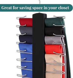 Wooden Tie Rack, Tie/Belt/Scarf Hanger with 24 Hooks 360 Degree Swivel (Set of 2)