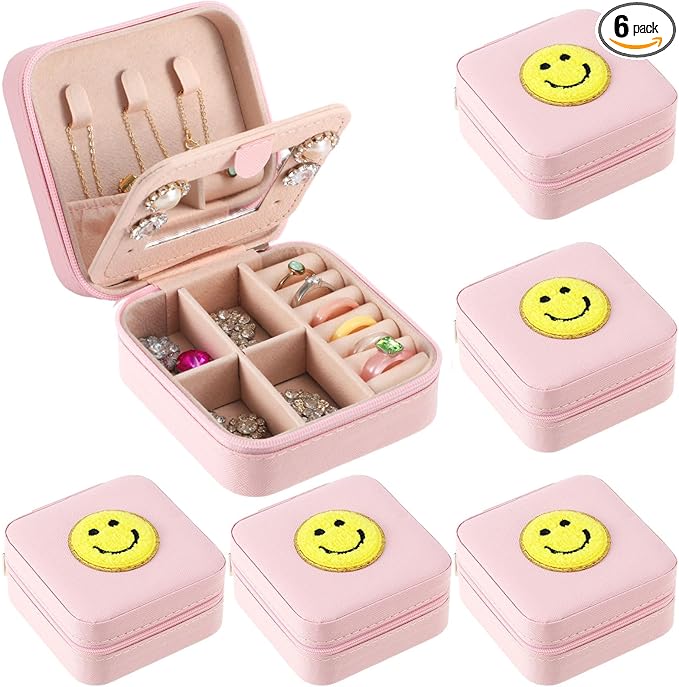 Smiley Design Mini Pink Travel Jewelry Box with Mirror (Set of 6)