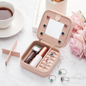 Initial Mini Pink Travel Jewelry Box with Mirror (A)