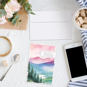 Watercolor Mountains Happy Birthday Card with Envelope (Set of 36)