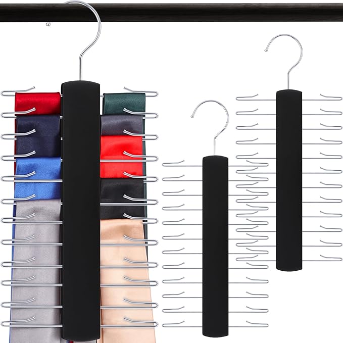 Wooden Tie Rack, Tie/Belt/Scarf Hanger with 24 Hooks 360 Degree Swivel (Set of 2)