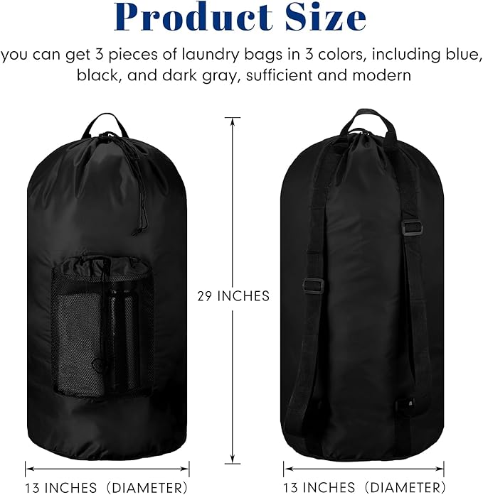 Large Laundry Backpack Bag (Black, Set of 3)