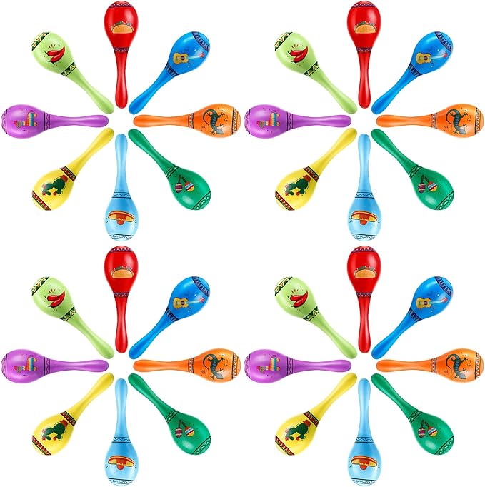 Wooden Fiesta Maracas (Assorted Colorful Design, Set of 32)