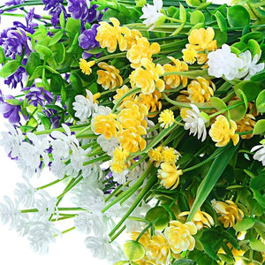 12-Pcs UV Resistant Artificial Flower Bundles (Yellow, Purple, White)