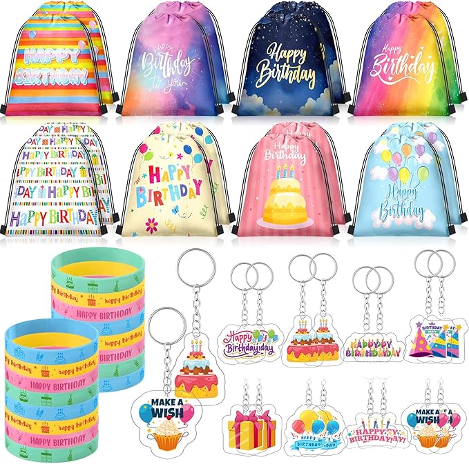 48-Pack Birthday Party Favor Set – Gift Bags, Bracelets & Keychains for Kids' Celebration