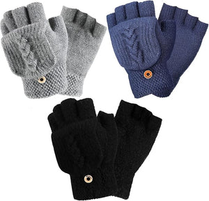 Fingerless Flip-Top Knit Gloves (black/gray/navy, Pairs of 3)