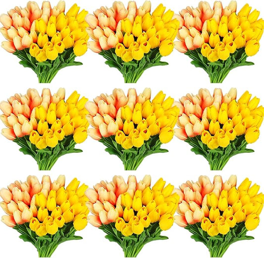 96-Pcs Real Touch Artificial Tulip Flower (Yellow & Orange Gradient)