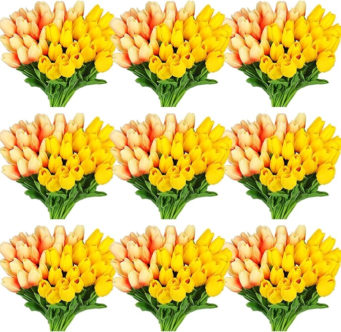 96-Pcs Real Touch Artificial Tulip Flower (Yellow & Orange Gradient)