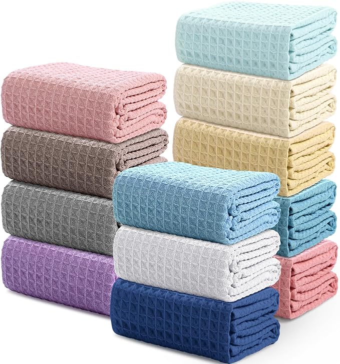 55" x 28" Waffle Weave Cotton Bath Towel (Assorted Color, Set of 12)