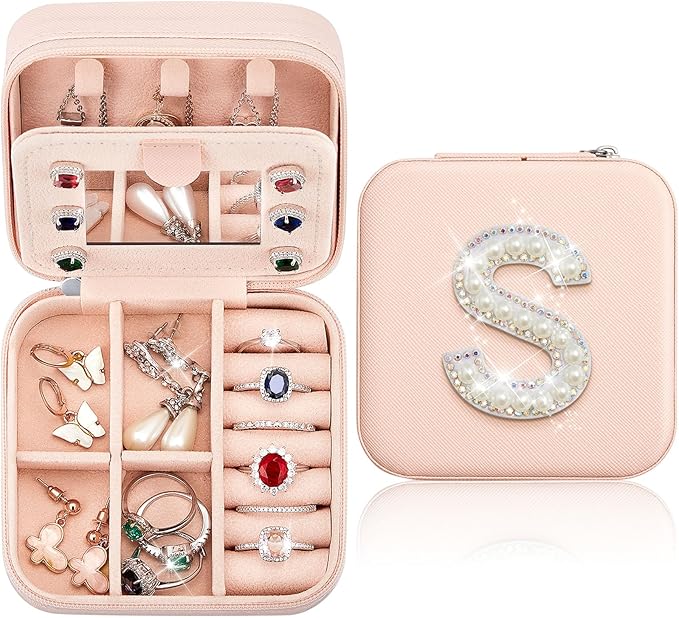 Initial Mini Pink Travel Jewelry Box with Mirror (S)