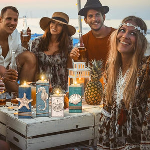 4 Pcs Coastal LED Wood Candle Holder & Tea Light