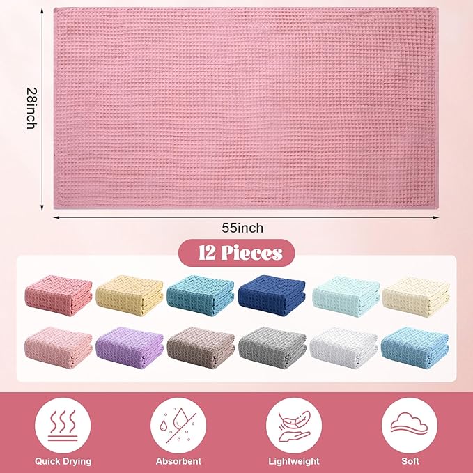 55" x 28" Waffle Weave Cotton Bath Towel (Assorted Color, Set of 12)
