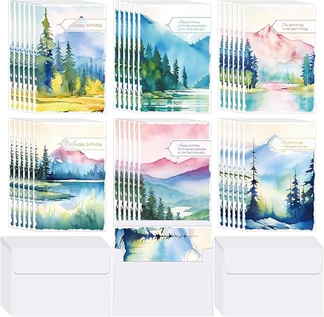 Watercolor Mountains Happy Birthday Card with Envelope (Set of 36)