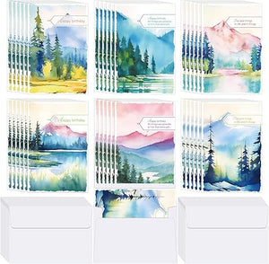 Watercolor Mountains Happy Birthday Card with Envelope (Set of 36)