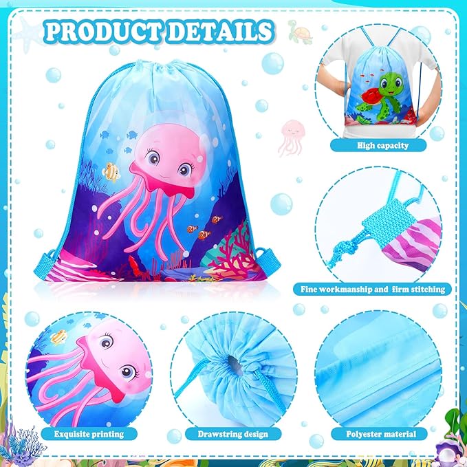 Drawstring Backpack Bag (12 Pcs, Ocean Animal Theme)