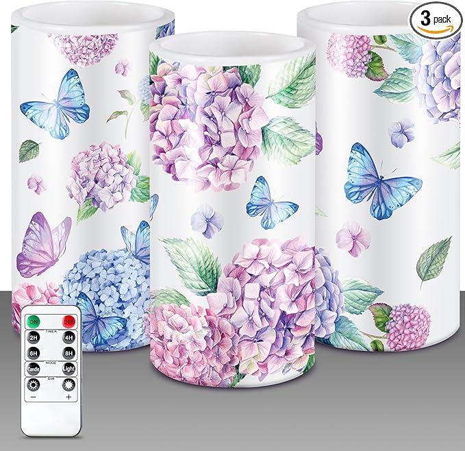 6" x 3" LED Candle with Remote – Hydrangea (Set of 3)