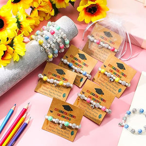 Kids Graduation Bead Bracelet with Wish Card & Gift Bag (Assorted Color, Set of 12)