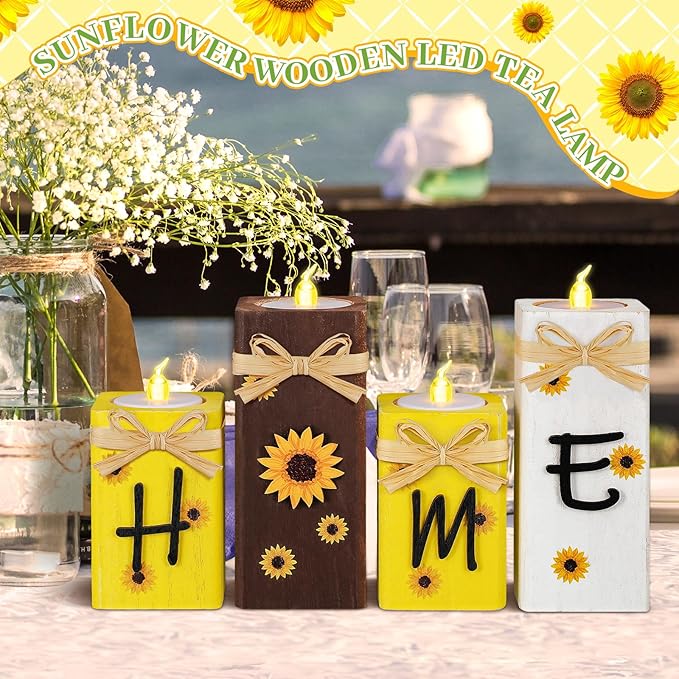 4 Pcs Sunflower "HOME" LED Wood Candle Holder & Tea Light