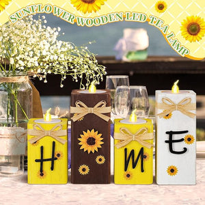 4 Pcs Sunflower "HOME" LED Wood Candle Holder & Tea Light
