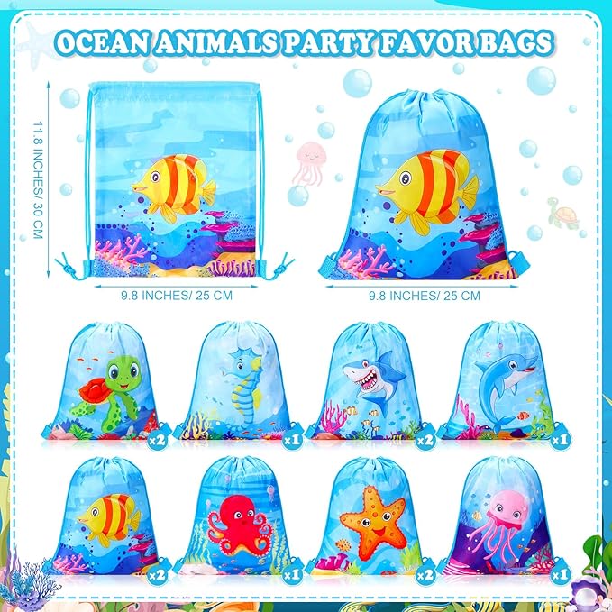 Drawstring Backpack Bag (12 Pcs, Ocean Animal Theme)