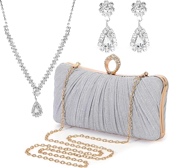 3-Pcs Glitter Clutch Purse & Rhinestone Jewelry Set