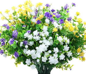 12-Pcs UV Resistant Artificial Flower Bundles (Yellow, Purple, White)