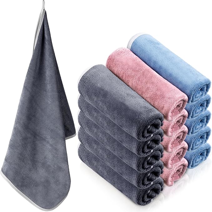 30" x 14" Microfiber Hand Towel (Grey/Blue/Pink, Set of 15)