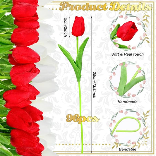 96-Pcs Real Touch Artificial Tulip Flower (Red & White)