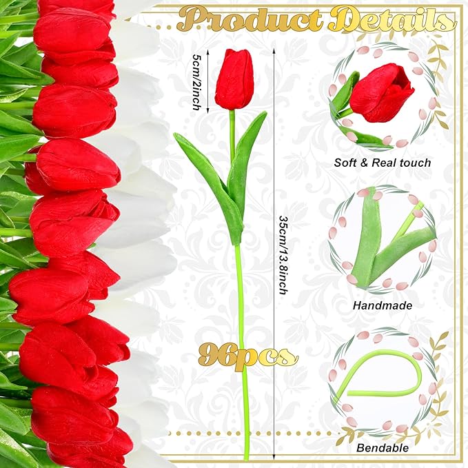 96-Pcs Real Touch Artificial Tulip Flower (Red & White)
