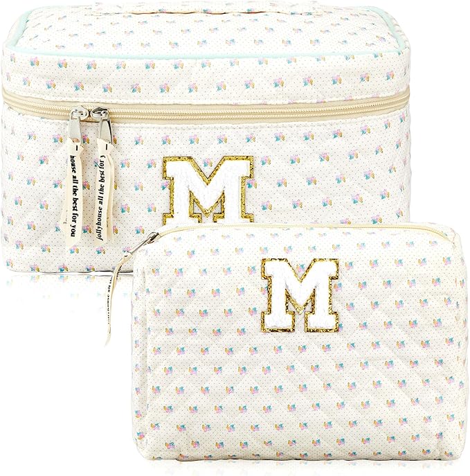 Cotton Quilted Makeup Bag (Letter S/M/K, Set of 2)