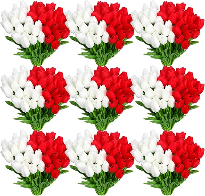 96-Pcs Real Touch Artificial Tulip Flower (Red & White)