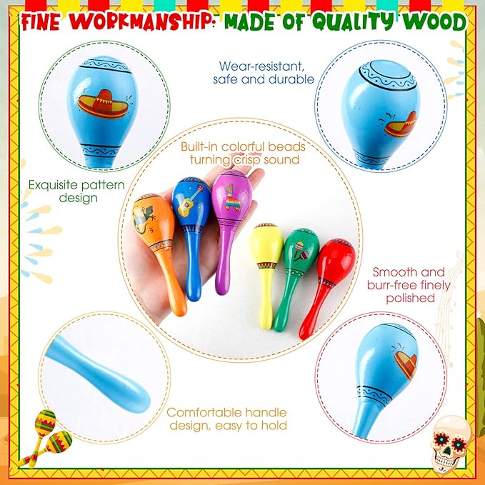 Wooden Fiesta Maracas (Assorted Colorful Design, Set of 32)