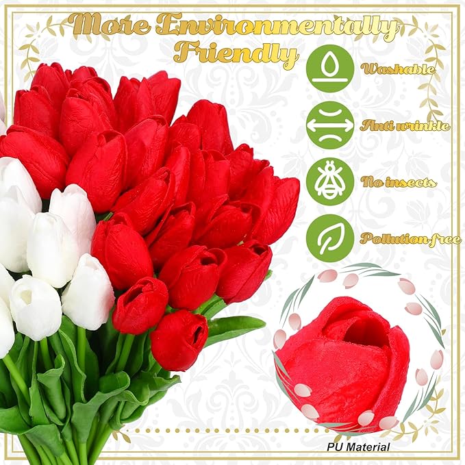 96-Pcs Real Touch Artificial Tulip Flower (Red & White)